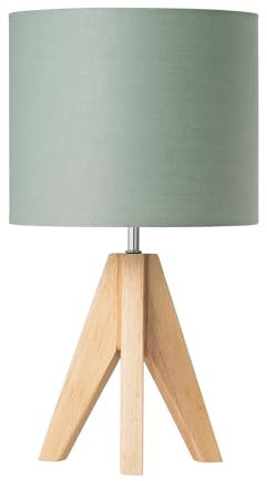 EDISHINE 36cm Bedside Lamp, Wood Tripod Table Lamp with Bean Green Linen Lampshade, ON/Off Switch, Desk Lamp for Living Room Bedroom, E27 Base, 2700K LED Bulb Included