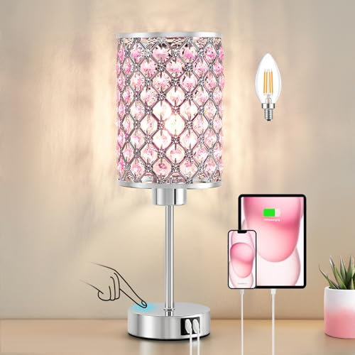 GyroVu Crystal Table Lamp, Pink Touch Lamp with USB C+A Ports, 3 Way Dimmable with Crystal Shade for Bedside Girl Bedroom Living Room(Bulb Included)
