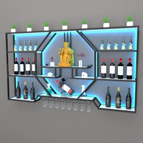Portabottiglie A LED Portabicchieri Da Vino,Portabottiglie Da Parete,Portabottiglie Da Parete Per Bottiglie Di Vino,Espositore Portabottiglie Per Bottiglie,Portabottiglie Per Sala Da Pranzo(Color:Blac