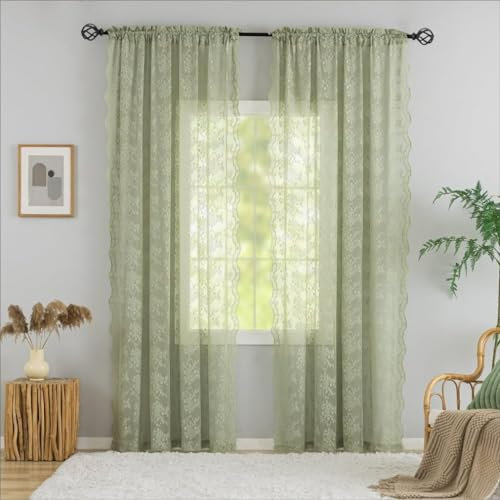YJ YANJUN Sage Net Curtains for Windows Boho Scallop Edged Lace Drapes Chic Green Voile Panels for Bedroom Living Room Spring Flower French Door Curtains 52 W x 72L Inch (132cm x 183cm) Sage Green