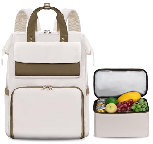 BERTASCHE Lunch Rucksack, Laptop Rucksack Damen 15,6 Zoll mit Isoliertes Kühltasche, 2-in-1-Arbeitsrucksack für Frauen/Arbeit/Business/Reisen/Lehrer/Schule/Uni，Beige