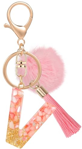 MWOOT Nom Lettre initiale V Porte-clés, Rose Porte-clés pour Femme, Charmes en Résine Pour Clé Porte Clef Voiture Décor Sac à main