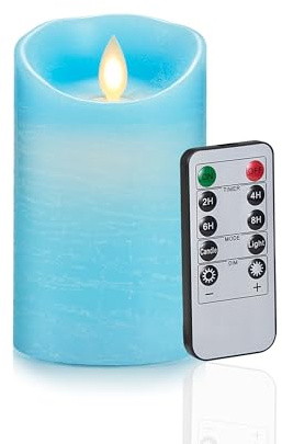 FiiMoo LED Vela, Velas Sin Llama, Velas de a Pilas, Velas LED Efecto Llama, Cera Real, LED Velas con Mando a Distancia y Temporizador, Para Navidad, Pascua, Fiestas Decoraciones-Azul 10cm