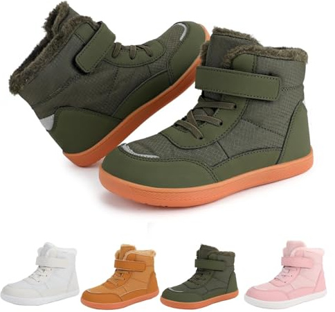 Gyaimxfu Chaussures pieds nus pour enfants - Doublure chaude - Imperméables - Chaussures pieds nus - Pour l'hiver et l'automne - Chaussures de randonnée légères et antidérapantes, vert, 28 EU