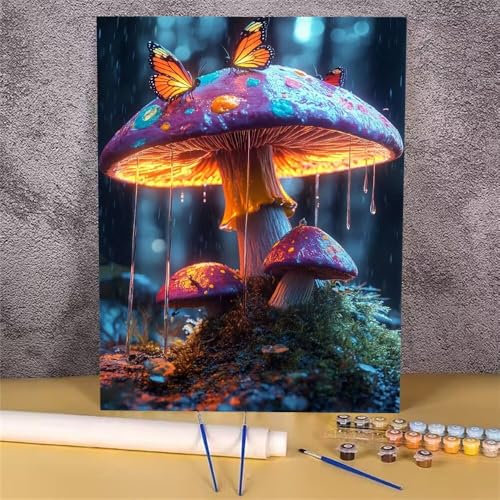 Mushroom Paint by Numbers for Adults, Butterfly Paint by Numbers, DIY Canvas Oil Painting Kit for Kids, with Paint Brushes Acrylic Pigment Drawing Paintwork Decor 7.8x11.8 cm Without Frame GH-1468