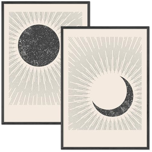 JUNOMI® Sonne & Mond 2er-Set 50x70 cm Rahmen Schwarz | minimalistisch | Wanddeko fürs Schlafzimmer, Wohnzimmer und Flur, Sonne und Mond als Bilder-Set in Creme und Anthrazit