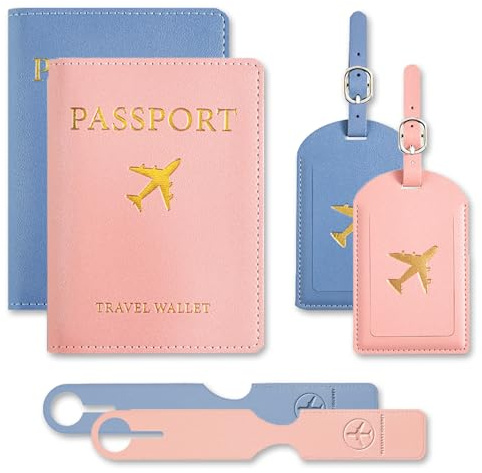 JNYUTEEN Porte-Passeport Housse, 2 Pièces Pochette Passeport et 4 Pièces Étiquette Valise, PU Cuir Protege Passeport Étiquettes à Bagage pour Hommes Femmes Accessoires de Voyage