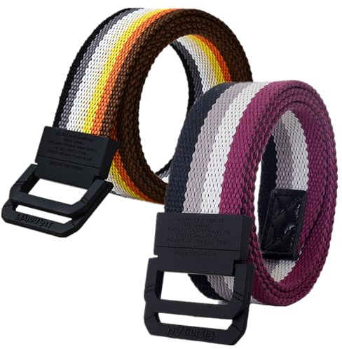2 Stück Doppelring Gürtel für Männer Frauen - Regenbogenstoff Canvas Web gürtel für Übergrößen 115 bis 175 cm für Outdoor-Casual-Wear