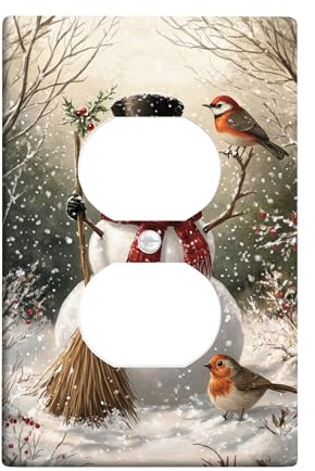 Snow Man Duplex Outlet Covers Wall Plate, Winter Festive Bird Broom Christmas White Plastic Standard Size Double Power Outlet Cover Plate for Bedroom Bathroom Kitchen Entrance Decor