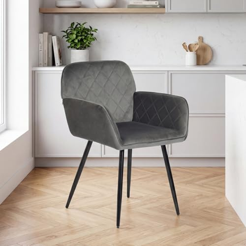 GOKHOMX - Silla de comedor de terciopelo con respaldo y reposabrazos, silla de cocina ergonómica, acolchada, sillón comedor con patas de metal, para cocina, salón, restaurante, oficina, gris
