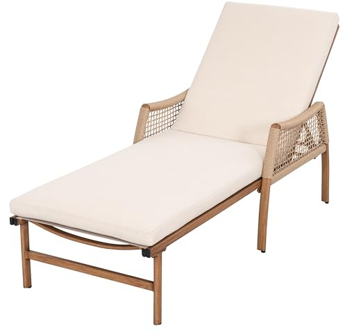 Avestar Sonnenliege Lounge mit Verstellbarer Rückenlehne & Kissen, Gartenliege mit Rattan Armlehnen, Liegestuhl aus Aluminium und Textilene, Strandliege für Garten, Pool, Terrasse, Balkon,Beige