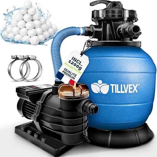 tillvex Depuradora de Agua para Piscina 13.200L/h hasta 40.000L + 1200g Bolas de Filtro - 7 Funciones & Adaptador 2en1 Ø32-38mm - Bomba de Filtro de Arena con Válvula (Azul con temporizador)