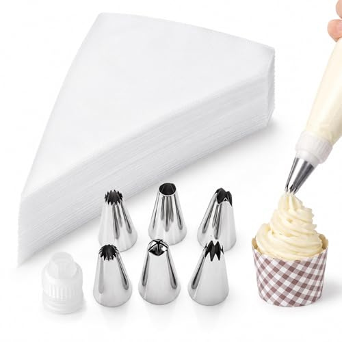 Livawnd 100 Pcs Disposable Piping Bags and Nozzles Set with Coupler, Food Grade Clear Pastry Bags for Cake Cupcake Cookie Dessert Baking Decoration