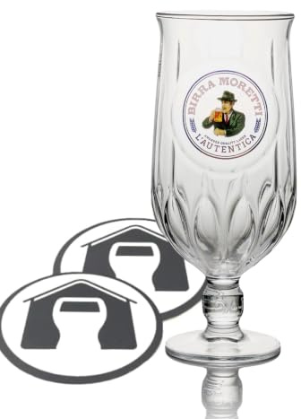 GarageBar | Birra Moretti Glass | Pint Stemmed Chalice Beer Glass | Official Merchandise | Comes with 2X Beer Drip Mats (1 Glass)