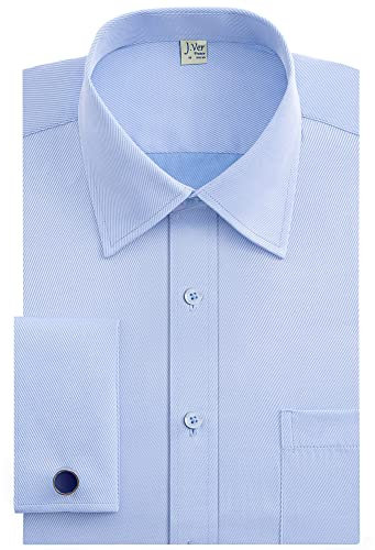 J.VER Men's Blue Formal Shirt Double Cuff Long Sleeve Cufflinks Dress Shirt Work Business Cotton 15.5 Neck 32-33 Sleeve