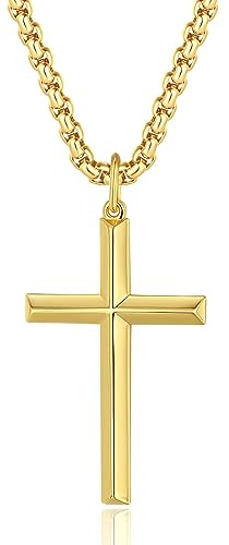 FANCIME Collar con Colgante de Cruz para Hombre Niños de Plata de Ley 925 Chapada Oro Amarillo con Cadena de Acero Inoxidable - Longitud Cadena: 56 cm