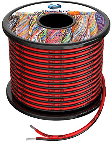 Haerkn 22 AWG (0,3 mm2) elkabel överdragen med silikon, 60 m (30 m svart och 30 m röd syrefri, tvinnad förtennad koppartråd, hög temperaturbeständighet, spole