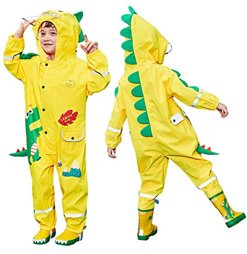 JinBei Bambini Impermeabile Antipioggia Giacca Tuta Bambino con Cappuccio Dinosauro 3D Giallo Traspirante Leggero con Striscia Riflettente Poncho Pantaloni per Ragazzo Bottoni Cerniera Bimbo 1-2 Anni