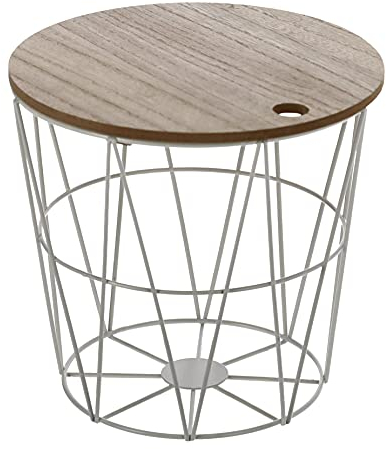Spetebo Taburete de madera con cesta de almacenamiento de metal – Color: blanco – taburete para plantas, decoración de flores, taburete de madera pequeño