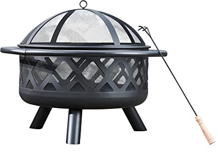 Teamson Home Große 76 cm runde Holzfeuerstelle für den Garten, Gartenmöbel, Kaminofen, Feuerstellenheizung, Metall-Holzbrenner-Feuerschale mit Deckel und Schürhaken