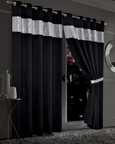 LIZZIE JACOBS Diamante Blackout Eyelet Top Curtains With Tie Backs Black Out Thermal Ring Top Luxury Curtain Pairs Window Treatment Living Room Bed Room Curtains (66'' (Width) x 54'' (Drop), Black)