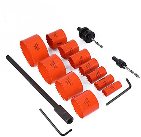BOROCO Bimetall-Lochsäge，14pcs M42 Bimetall-Lochöffner-Set 1 mit 11 Sägeblättern Holzbearbeitungsbohrer Lochbohrer Gipskarton für Eisen Aluminium, Holz, Trockenbau, Rohr, Kunststoff
