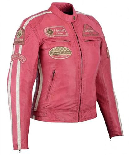 PRO FUTURE Veste Moto Cuir Scooter Cafe Racer,Naked Femme Vintage, rose, 3XL