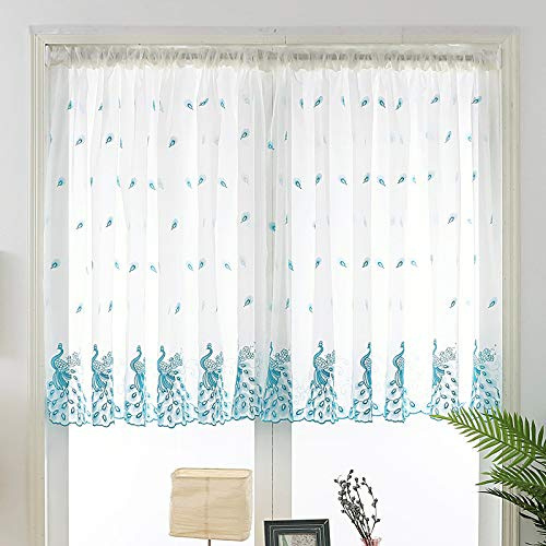 Devola Pastorale Art Scheibengardine Transparente Peacock-Muster Stickerei Bistrogardinen Cáfe Gardine Privatsphäre Fenstervorhang Kurzstores HxB 100x120cm Blau 1er Pack
