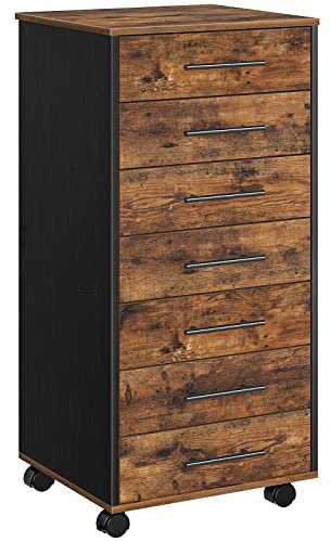 HOOBRO Rollcontainer mit 7 Schubladen, Aktenschrank, Holz Büroschrank, Büromöbel mit Schubladen, Aufbewahrungscontainer, für Büro, Arbeitszimmer, Einfache Montage, Vintagebraun und Schwarz EBF07WJ01