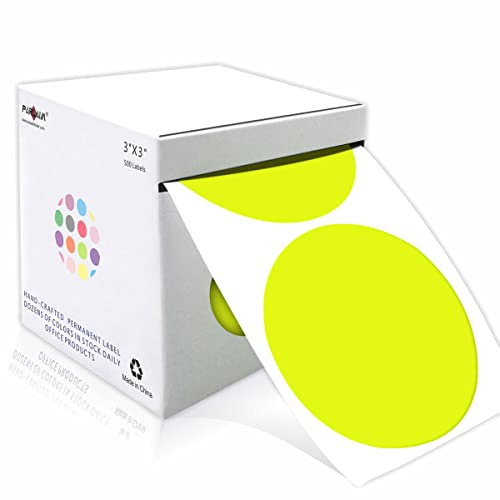 PARLAIM 3 Inch Round Permanent Adhesive Color-Code Dot Stickers,500 per Roll dots Label Dispenser Box,Inventory Circle Stickers (Fluorescent Yellow)
