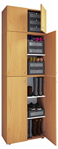 VCM Holz-Schuhschrank | Maße: H. 223 x B. 70 x T. 39 cm| Allzweckschrank | 5 Fächer | 4 Drehtüren | Aufsatz mit 2 Türen– Lona