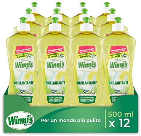 Winni's - Klarspüler-Zusatzstoff, hypoallergen, mit Bio-Zitronenextrakt, gegen Rückstände und Flecken, mit pflanzlichen Rohstoffen, 500 ml x 12 Packungen