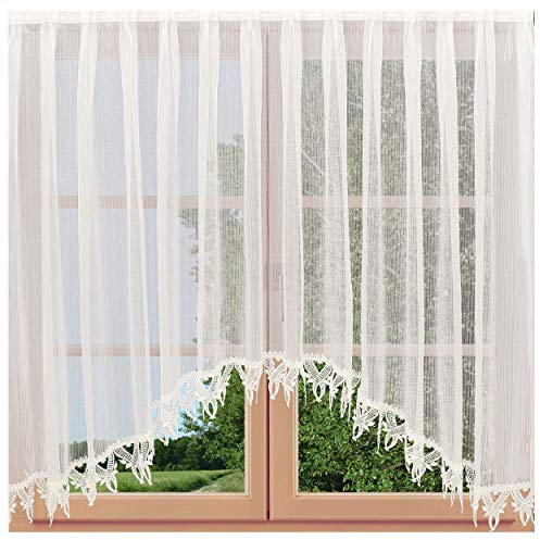 SeGaTeX home fashion C-Bogenstore Mailin Fertiggardine Blumenfensterstore sektfarben (Ecru) mit echter Plauener Spitze Automatic-Faltenband 1:2,5 (H x B 145 x 450 cm) …