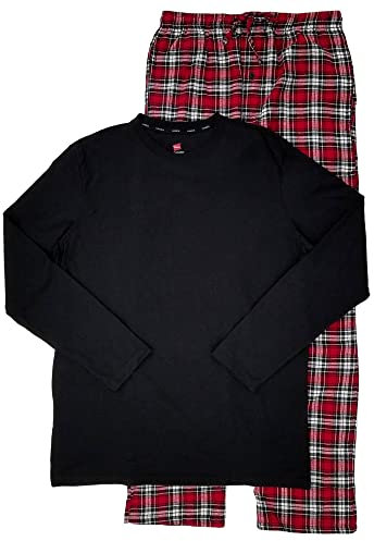 Hanes Mens Black & Red Plaid Long Sleeve Crew & Flannel Pants Pajama Set M