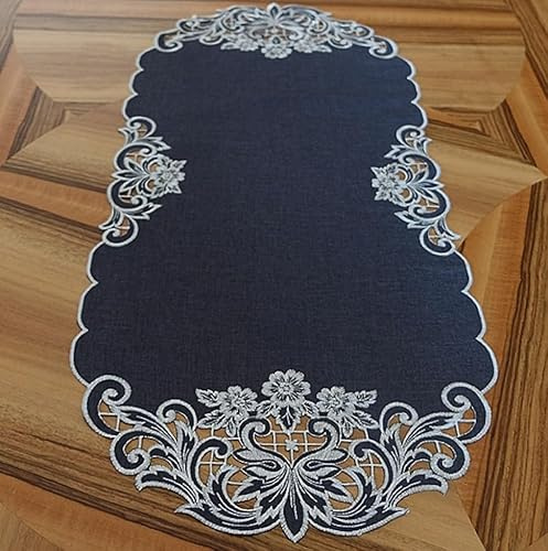 Tischdecke Mitteldecke Tischläufer Aufleger grau dunkelgrau anthrazit Filigrane Stickerei Blütenornamente (40 x 90 cm)