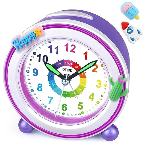 DTKID Wecker Kinder, Kinderwecker Ohne Ticken mit Snooze und Nachtlicht, Analoger Wecker für Jungen und Mädchen, Lernwecker Kinder, Batteriebetrieben