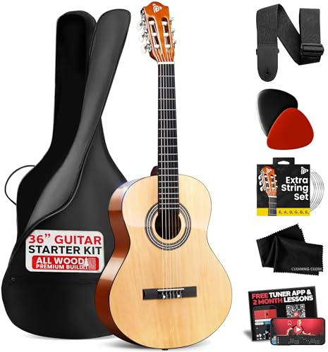 Pyle Beginner Acoustic Guitar Kit, 3/4 Junior Size All Wood Instrument with Full Accessory Kit, Picks, Shoulder Strap, Carry Case, Cleaning Cloth, Tuner App, 2 Month Lessons, 36”