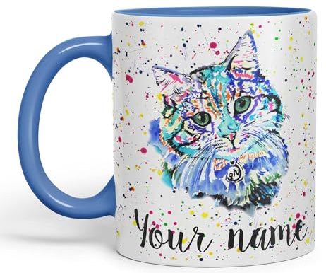 Vixar Personalised with Your Text Blue Cat Kitten Feline Watercolour Art Coloured Ceramic Mug Cup Gift 330ml 11oz Custom Work Office Tea Coffee (C Blue)