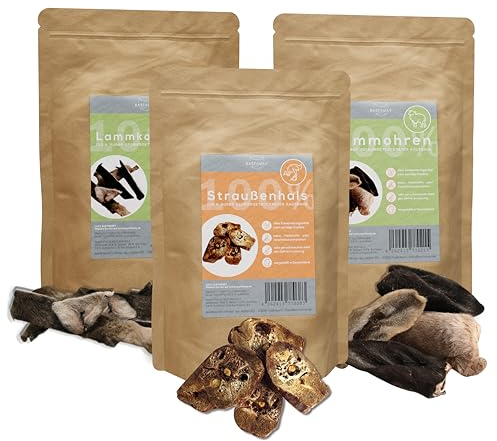 BARFAWAY Sparpaket Kauspaß Allergiker, gefriergetrocknete Kausnacks (Straußenhals, Lammohren, Lammkopfhaut), geruchsneutral, 100% natürlich ohne Zusätze, Deutsche Herstellung, 3er Pack (600 g)