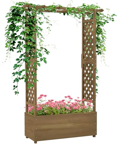 Outsunny Fioriera rettangolare orto su piedistallo con traliccio e arco, 112 x 41 x 180 cm, fori drenanti e feltro geotessile, legno abete pre-oliato