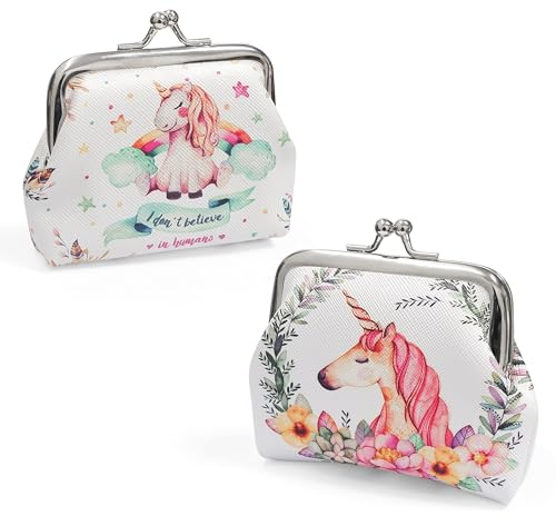 SNCCJ Netter Münzbörse für Damen, 2 Stück Kleine Exquisit Kuss-Schloss Münzbeutel für Mädchen (Einhorn weiß)