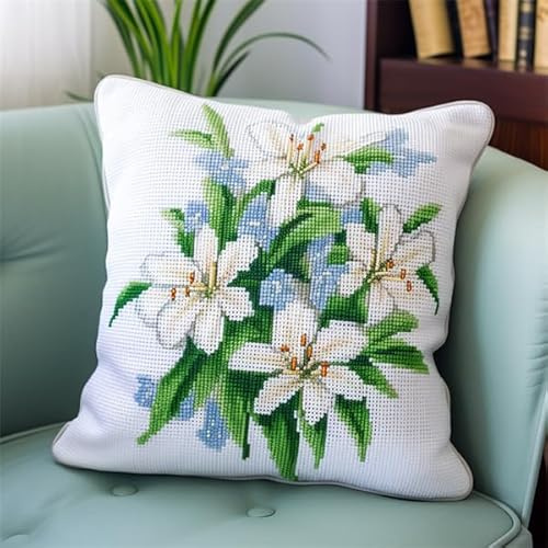 Lfynior Kreuzstich Kissen Set Vorgedruckt Blume Stickkissen zum Selbersticken 45X45cm Stickpackung Stickset Kreuzstich Kissen zum Basteln Stickkissen Stickpackung mit Vorgedruckt Kreuzstichmotiv