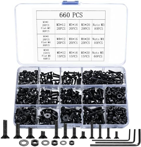 M3 M4 M5 Bolts Set, 660 Pcs Countersunk Screws, Hex Socket Head Cap Bolts and Nuts Set with Washers, Black Flat Head Machine Screws Sets