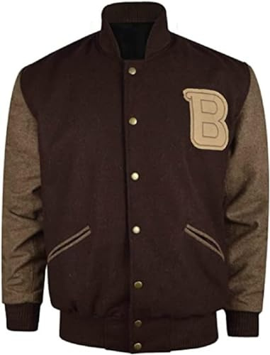 MERCH ATTIRE Hotline Miami Varsity Letterman - Chaqueta bomber de lana marrón con parche B, Chaqueta universitaria de lana, S