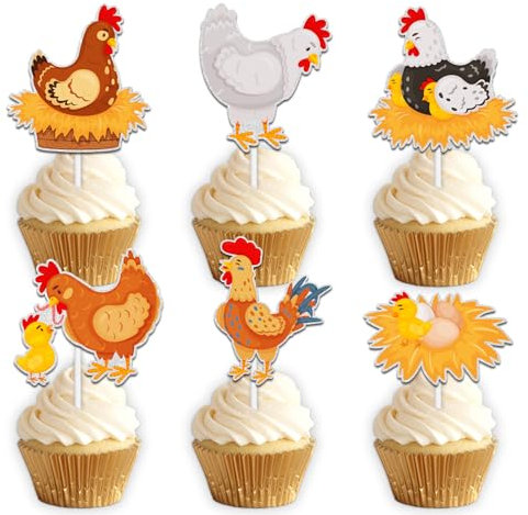 Hen Dessert Cupcake Topper Cheer to Farm Little Chicken Hen Theme Decor Supplies Boys Girls Happy Birthday Party Decorations set 18pcs Glitter