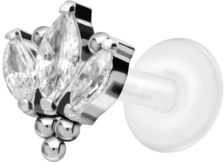 PIERCINGLINE PTFE Labret mit Gewinde + Titan-Aufsatz LOTUSBLÜTE + KUGELN Piercing Ohr Nase Silberfarben 1,2 x 7 mm