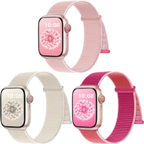 PIOWNN 3-pack nylonremmar kompatibla med Apple Watch, 41 mm, 40 mm, 38 mm, 44 mm, 45 mm, 42 mm, 49 mm, för kvinnor, män, kardborrebandsfäste, sportslinga, band för iWatch, SE, serie 1–9, Ultra 2, 1