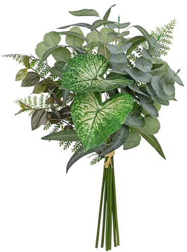 Arborus Ramos de tallos de eucalipto de vegetación artificial, 5 tipos de hojas de helecho de dólar plateadas, hojas de caladio, plantas falsas a granel para ramos de bricolaje, arreglos florales