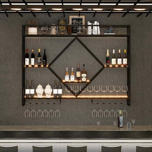AKOGG Modern Wine Storage Rack Wall Mounted With Hanging Glass Holder,Metal Bar Shelf With LED Lighting,Liquor Bottle Display Shelf,Iron Floating Shelves,Wine Bottles Racks,For Kitchen,Black/Gold(Blac