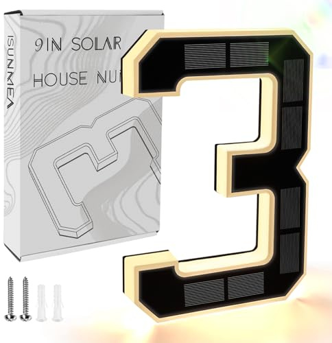 ISUNMEA 9 Inch Solar Lighted House Numbers for Outside, Light Up Waterproof LED Address Numbers Signs for Houses, Large Personalized Illuminated Exterior Modern House Numbers Light (3-Black, 9IN)